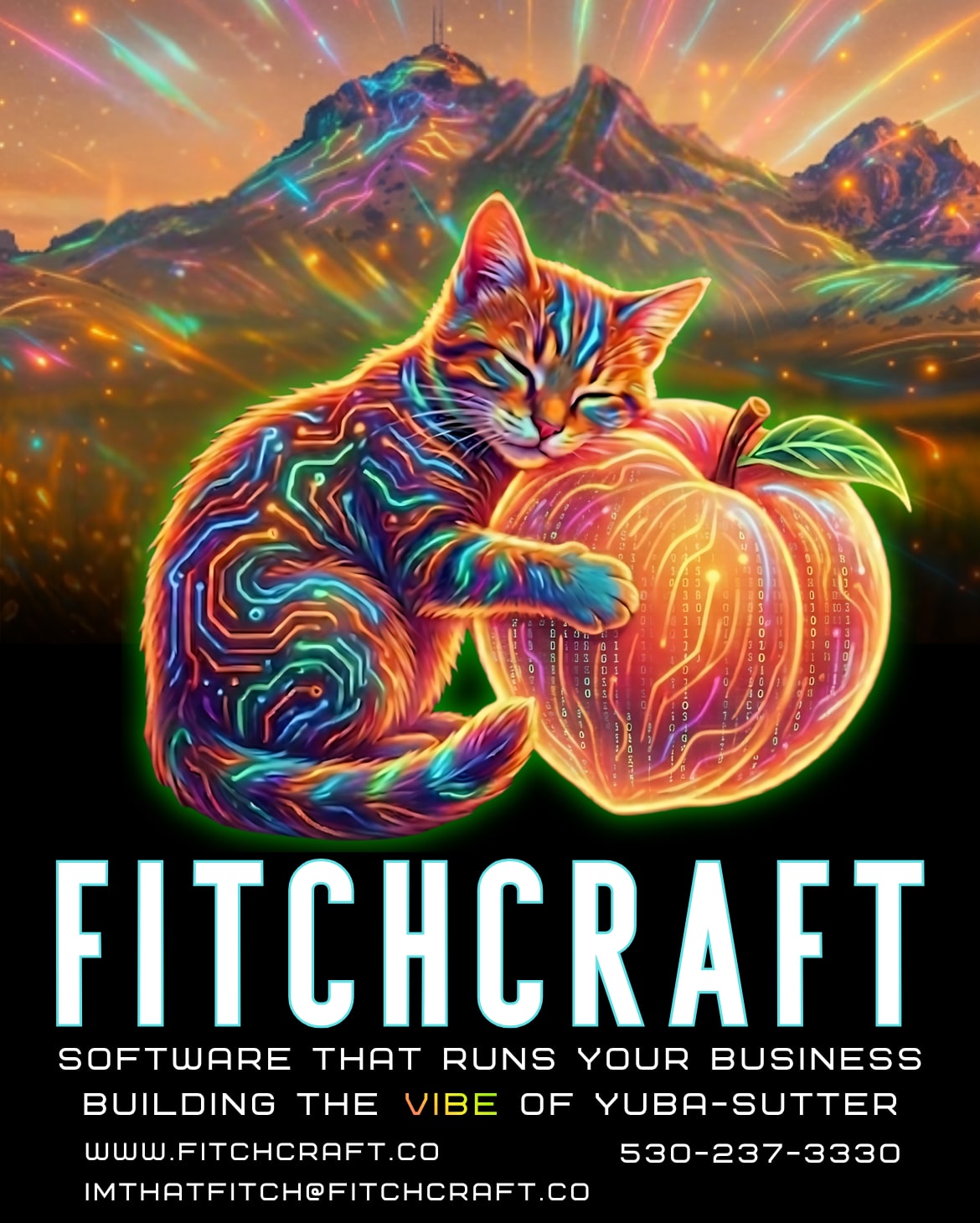 FitchCraft hero — a neon circuit-traced cat mascot curled around a glowing peach in front of vibrant Sutter Buttes, with the FitchCraft wordmark and tagline 'Software that runs your business — Building the vibe of Yuba-Sutter.'